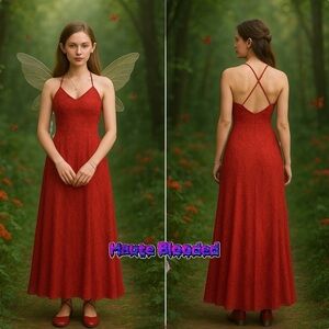 Vintage 90's Dress 579 Friends Red Maxi Flower Crushed Velvet y2k Fairy Cottage